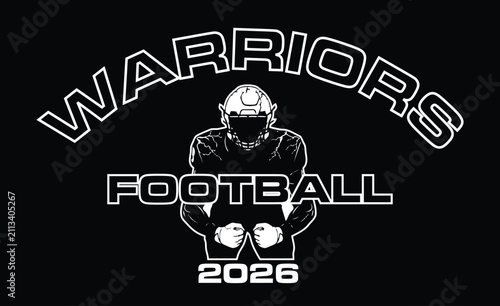 Warriors Football 2026 is a very unique design for your football team that includes text and graphic of a football player. Great for shirts and promotions.