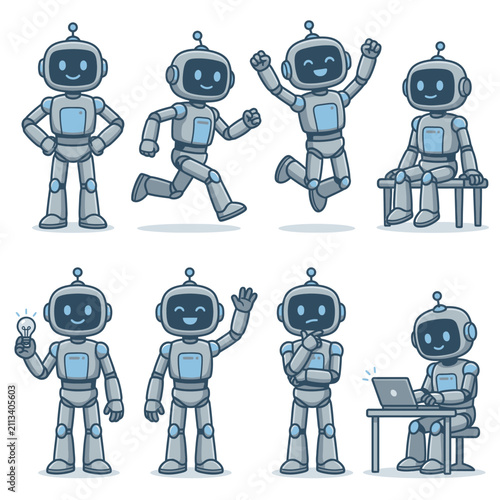 Blue robot character collection with various action poses