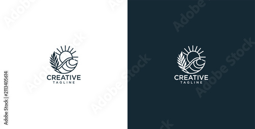 Modern minimalist sun leaf and ocean wave logo design, abstract natural emblem representing summer, nature, and organic elements with elegant monoline style