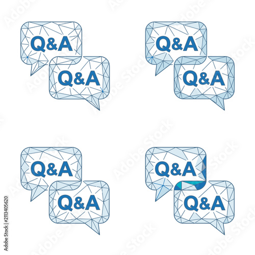 Blue Q&A speech bubbles in geometric wireframe style.