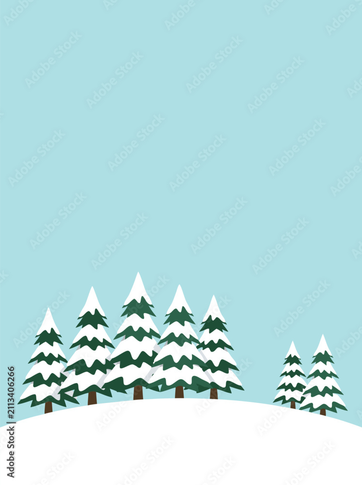 Obraz premium Flat front view vector illustration of snow covered pine trees standing on a snowy hill in a winter landscape background