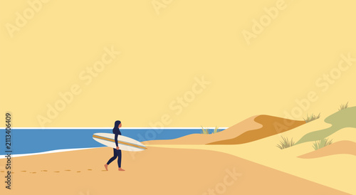 Photography Surfer Walking With Surfboard On Sandy Ocean Beach With Dunes, Minimalist Pixel