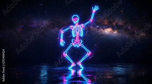 Neon glowing skeleton dancing against a starry galaxy background