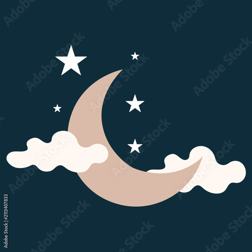 Crescent Moon with Clouds and Stars in Night Sky Vector Illustration