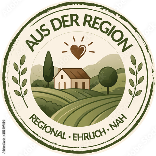Aus der Region - Siegel – Rustikales Logo für Hofladen und Bio Bauernhof mit Landschaft, Haus, Feldern und Herz Symbol