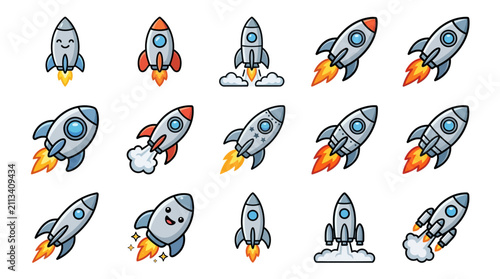 Cartoon rocket ship icons in various flight poses.