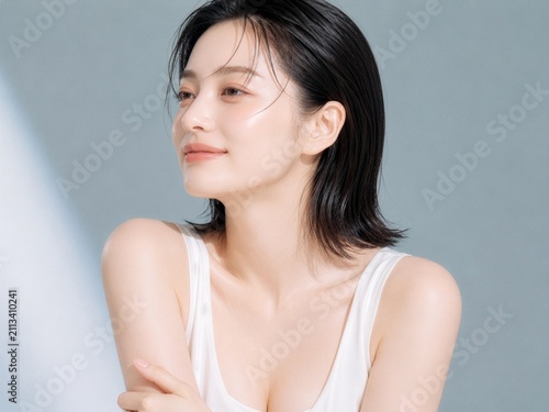 Young Woman with Dewy Skin Looking Away in Soft Blue Beauty Studio