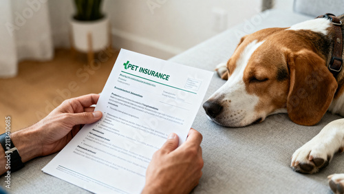 A pet owner reviewing pet insurance documents at home while a dog rests nearby, pet protection and financial care concept