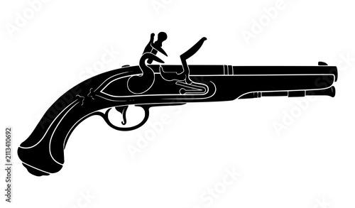 Принти на полотні Vintage flintlock pistol black silhouette elegant historical sidearm flat vector