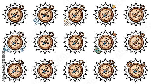 Fotografie Detailed vintage pocket compass and clock sticker icons.