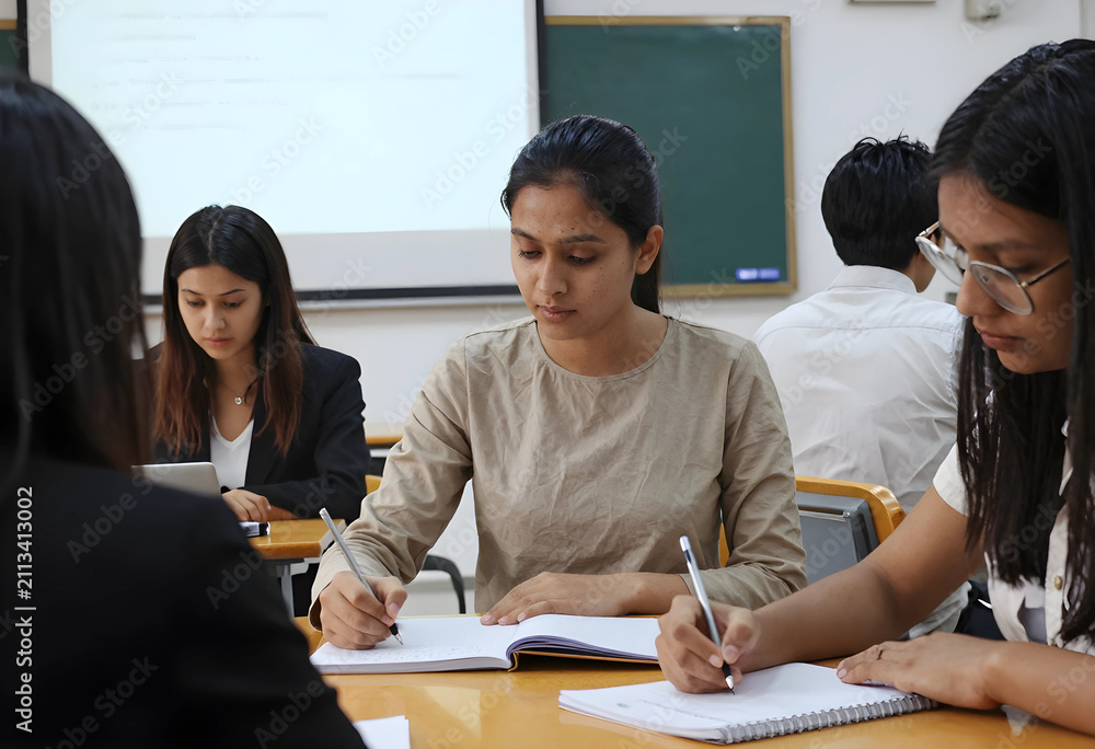 Fototapeta premium South Asian female students taking notes in classroom