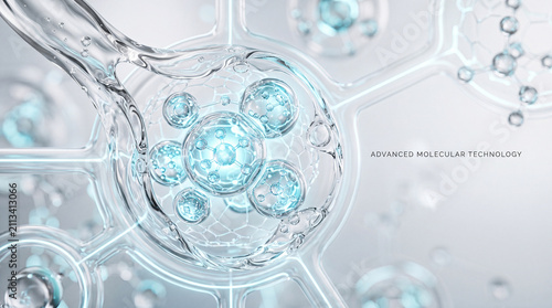 Transparent molecule structure blue serum droplet scientific background advanced molecular technology clean futuristic innovation skincare cosmetic laboratory fluid abstract