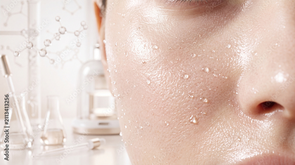 Fototapeta premium Glass skin hydration surface close up dewy complexion water droplets glowing skin skincare healthy moisture smooth texture laboratory background fresh radiant