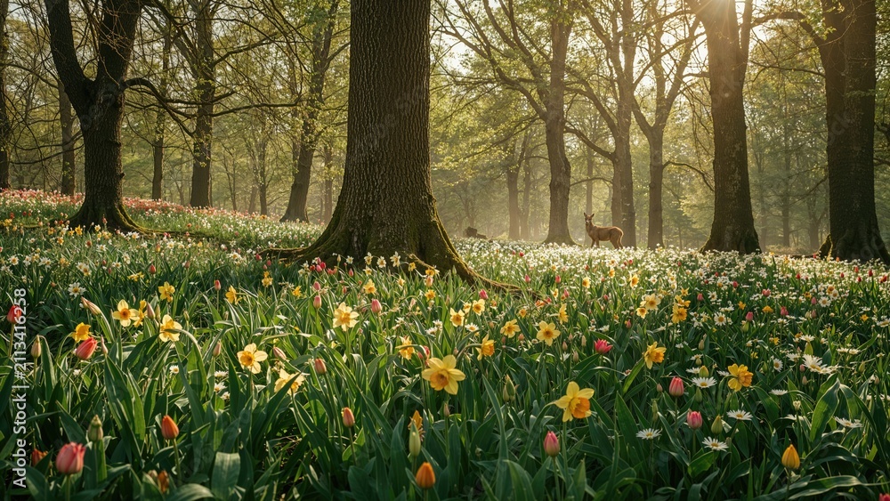 Fototapeta premium A peaceful forest scene with trees, blooming flowers, and a deer in the background during daytime.