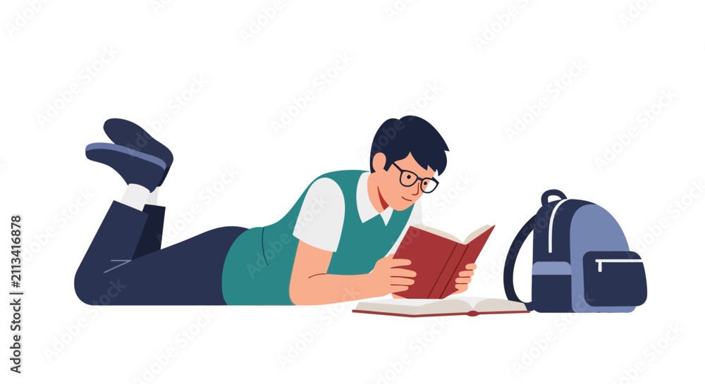 Fototapeta premium Student Lying Down and Reading a Book Flat Vector Illustration