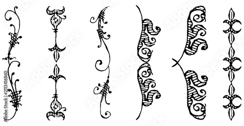 Black decorative flourishes and borders with transparent background, ornate vintage