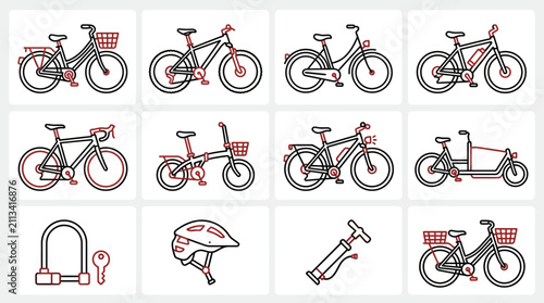 Bicycle types and cycling accessories icon collection.