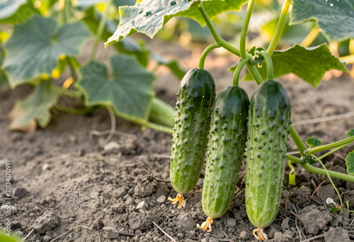 Three fresh cucumbers growi...