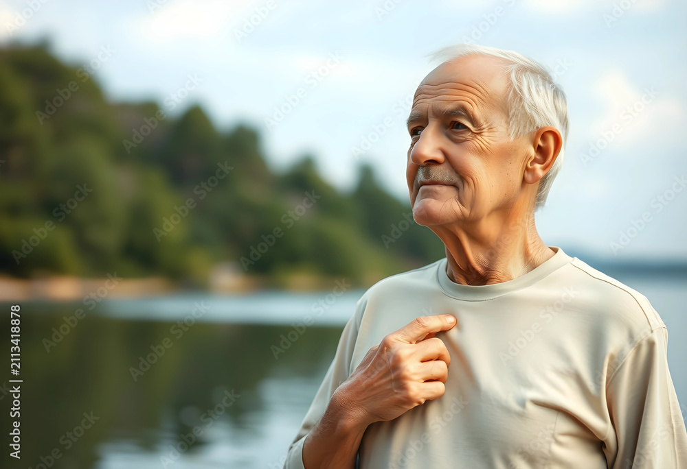 Fototapeta premium Thoughtful elderly man standing by a lake in nature