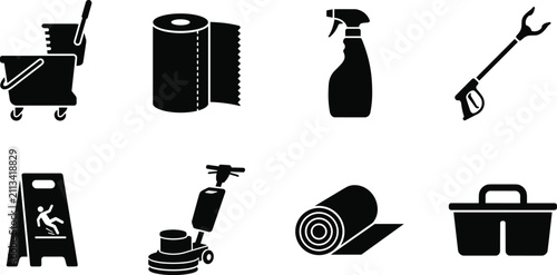 Quadro su tela Black silhouette icons set of cleaning service tools, janitorial equipment, and
