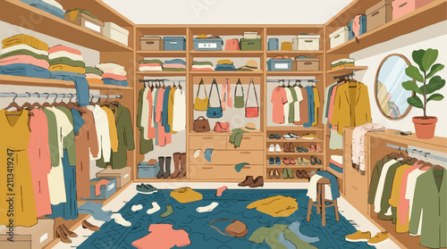 Foto Messy walk-in closet with various clothes, shoes, and fashion accessories