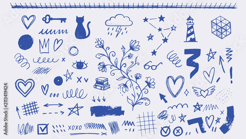 Foto Blue doodle sketch collection with hearts stars arrows cat key cloud rain lighth