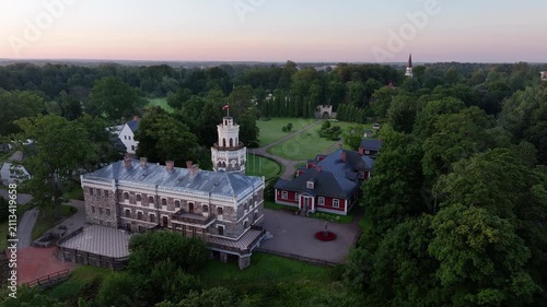 Aerial View of Sigulda New Castle at Sunrise in Gauja National Park Latvia