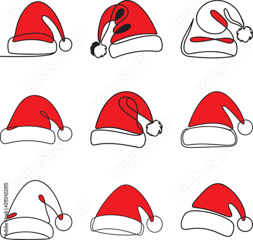 Christmas Santa Hat collection – minimalist vector set with one-line design