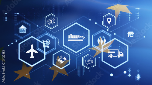 Digital logistics network icons with transport symbols over eu themed background illustrating modern supply chain and business flow integration. 3D Rendering