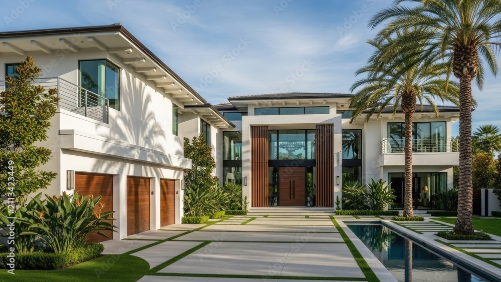 Fototapeta premium Contemporary luxury mansion with driveway and palm trees.