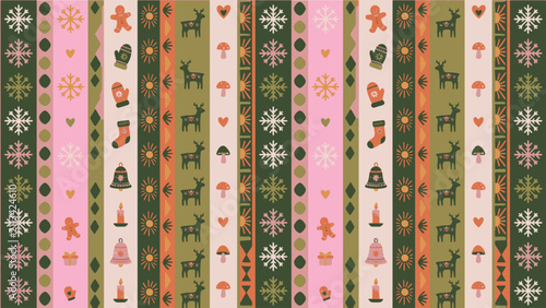 Bild auf Leinwand Festive christmas striped pattern with reindeer snowflakes hearts gingerbread mi