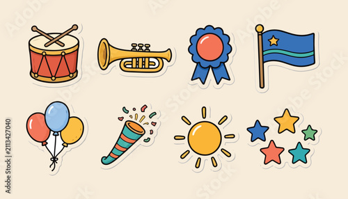 Cute Colorful Doodle Celebration Sticker Icon Set
