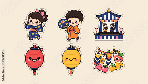Bon Odori Festival Japan Premium Kawaii Rounded Sticker Icon Set
