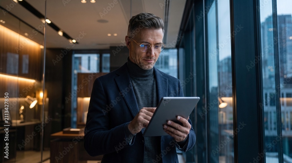 Fototapeta premium Confident middle aged businessman in glasses using tablet pc by office window at twilight, analyzing corporate finance reports, asset management, and tax optimization.