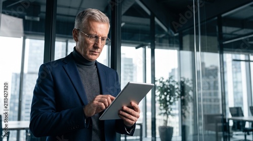 Serious mature businessman with glasses using digital tablet in modern corporate office, analyzing fintech data, tax reports, financial stock market investment or executive strategy.