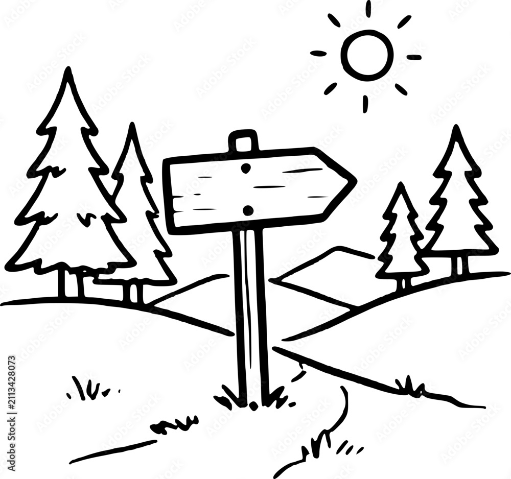 Obraz premium Hand-drawn directional signpost in a sunny landscape with trees and mountains
