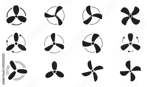 Фотография Grid of fan icons with rotating arrows, black symbols on checkered background