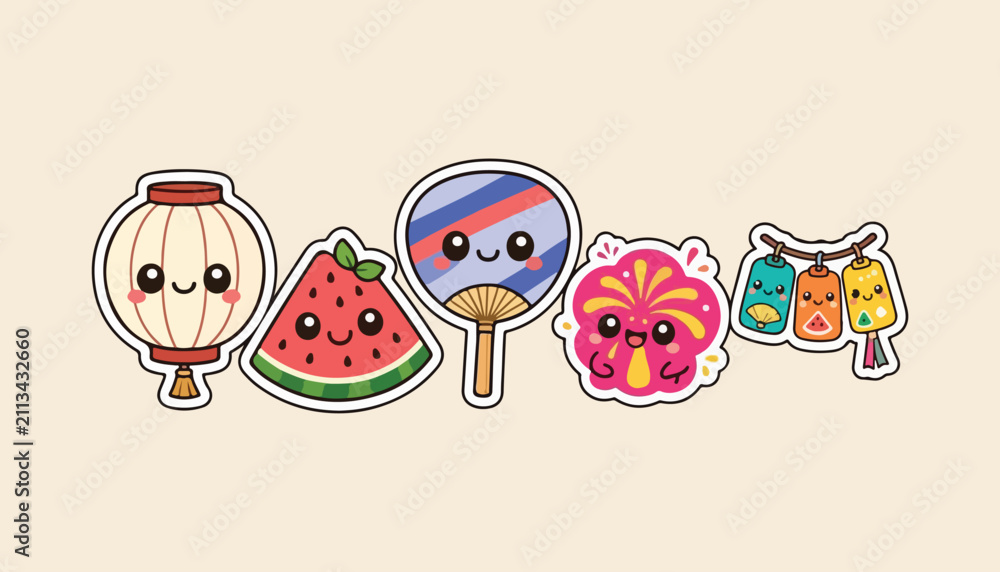 Fototapeta premium Japanese Obon Summer Festival Kawaii Rounded Sticker Icon Set 