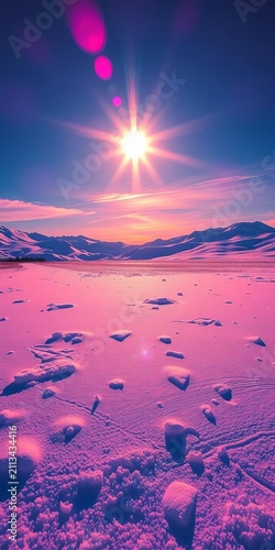 Sun-drenched snowfield ablaze with hyper-saturated jewel tones, panoramic vista, eye-level shot,  vibrant,  bright