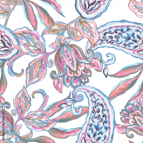 Jacobean paisley seamless pattern, vintage rococo floral damask design, pastel colors