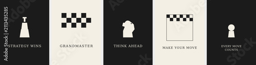 Photography Minimalist chess strategy icons set, black and white grandmaster concept banners
