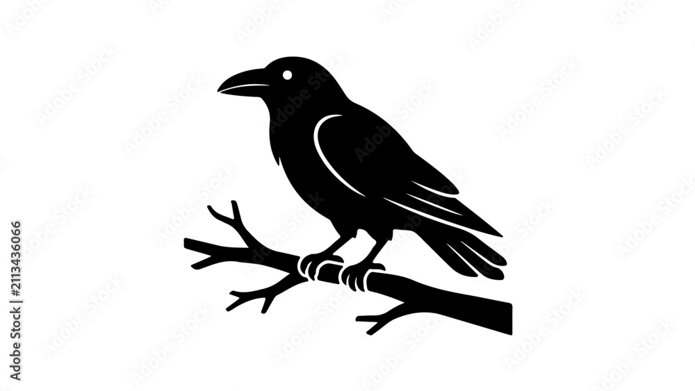 Obraz premium Sleek black silhouette raven perched on a minimalist branch against a stark white background for modern and clean graphic applications.