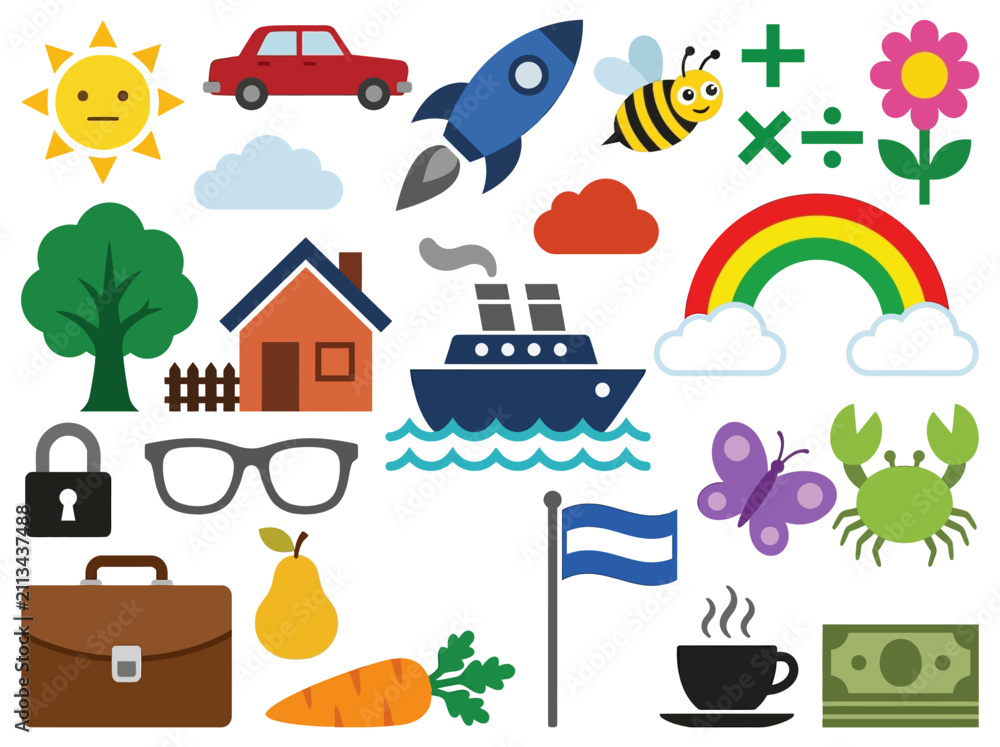 Fototapeta premium Flat Colorful Icon Set for Education and Web Design with Nature, Transport, and Daily Objects
