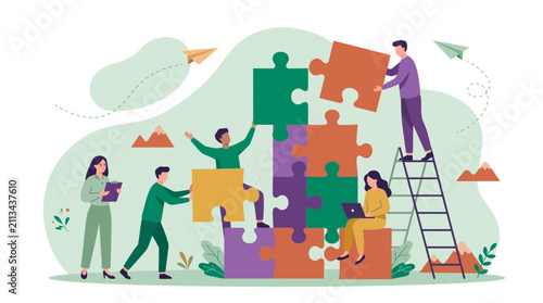 Diverse business team assembling large colorful jigsaw puzzle pieces together in flat vector illustration, representing effective teamwork collaboration and strategic problem solving