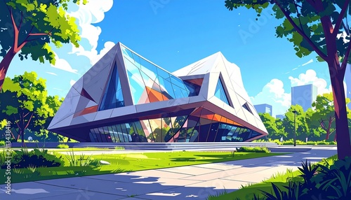 Modern Geometric Building in Sunny Urban Park Setting.