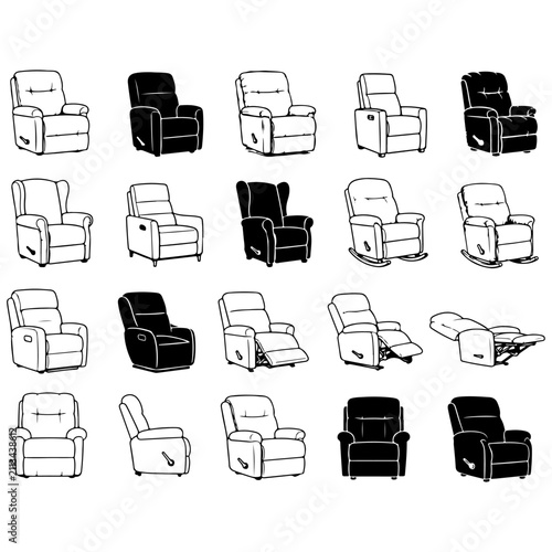Recliner Chair Icons Set in Outline and Silhouette Styles