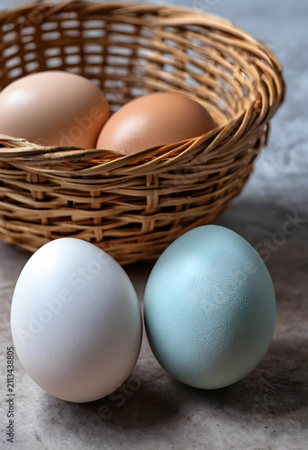 Two brown eggs in basket wi...