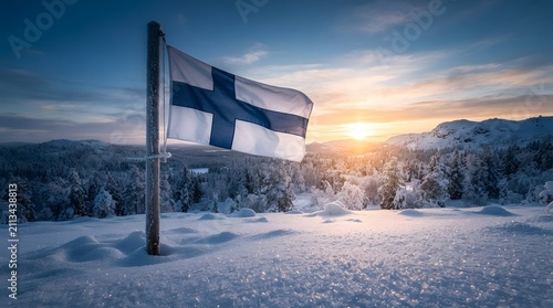 Finnish National Flag Standing in Deep Arctic Snow at Sunrise