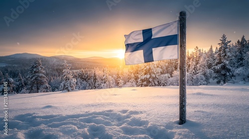 Finnish National Flag Standing in Deep Arctic Snow at Sunrise
