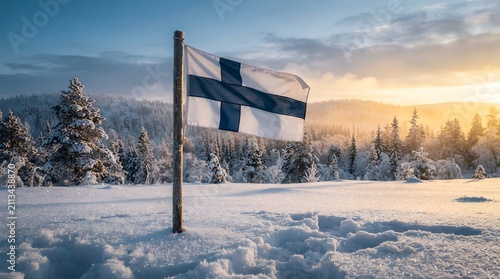 Finnish National Flag Standing in Deep Arctic Snow at Sunrise